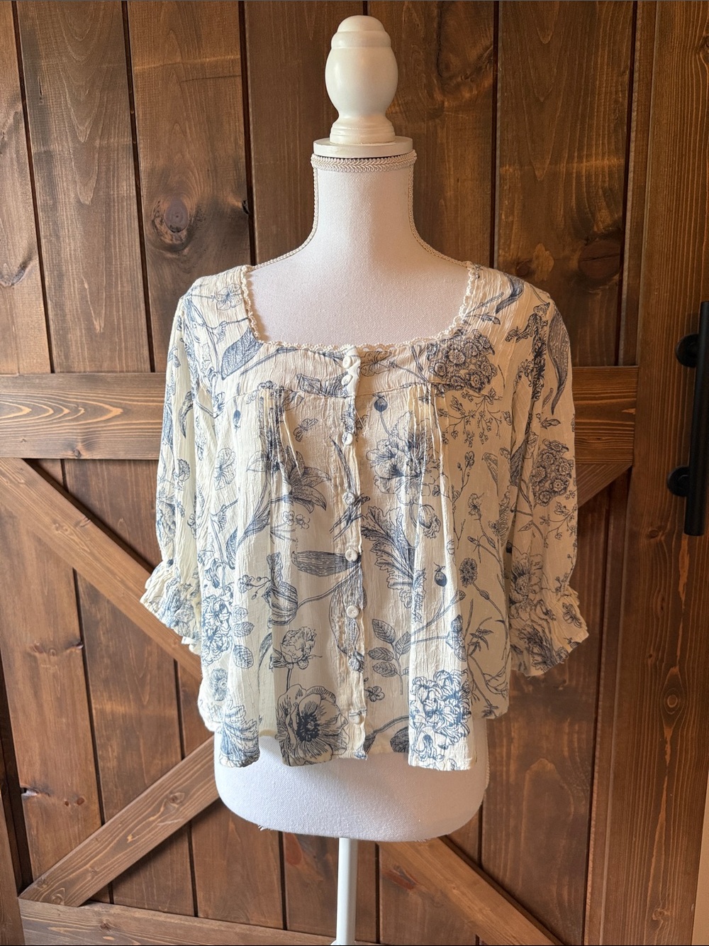 Rachel Zoe Cream Blouse with Blue Floral Print